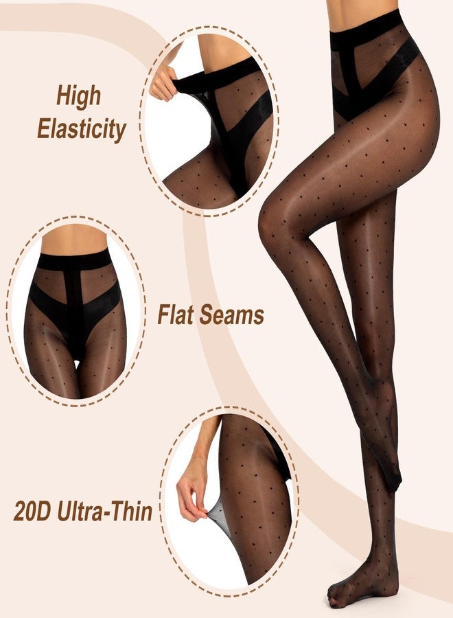 MANZI Women's Sheer Polka Dots Shimmery Patterned Tights Shiny Silk Reflections Dotted Pantyhose Cute Shimmer Glossy Oil Pearlescent Stockings with Dots Sparkly Black Nylons with Designs(Black,L/XL) - Image 3